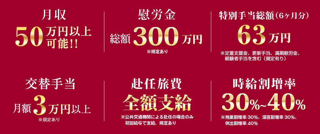 月収、慰労金、更新手当、赴任旅費、経験者手当